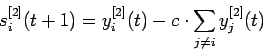 \begin{displaymath}
s_i^{[2]}(t+1)=y_i^{[2]}(t) - c \cdot \sum\limits_{j\neq i} y_j^{[2]}(t)
\end{displaymath}